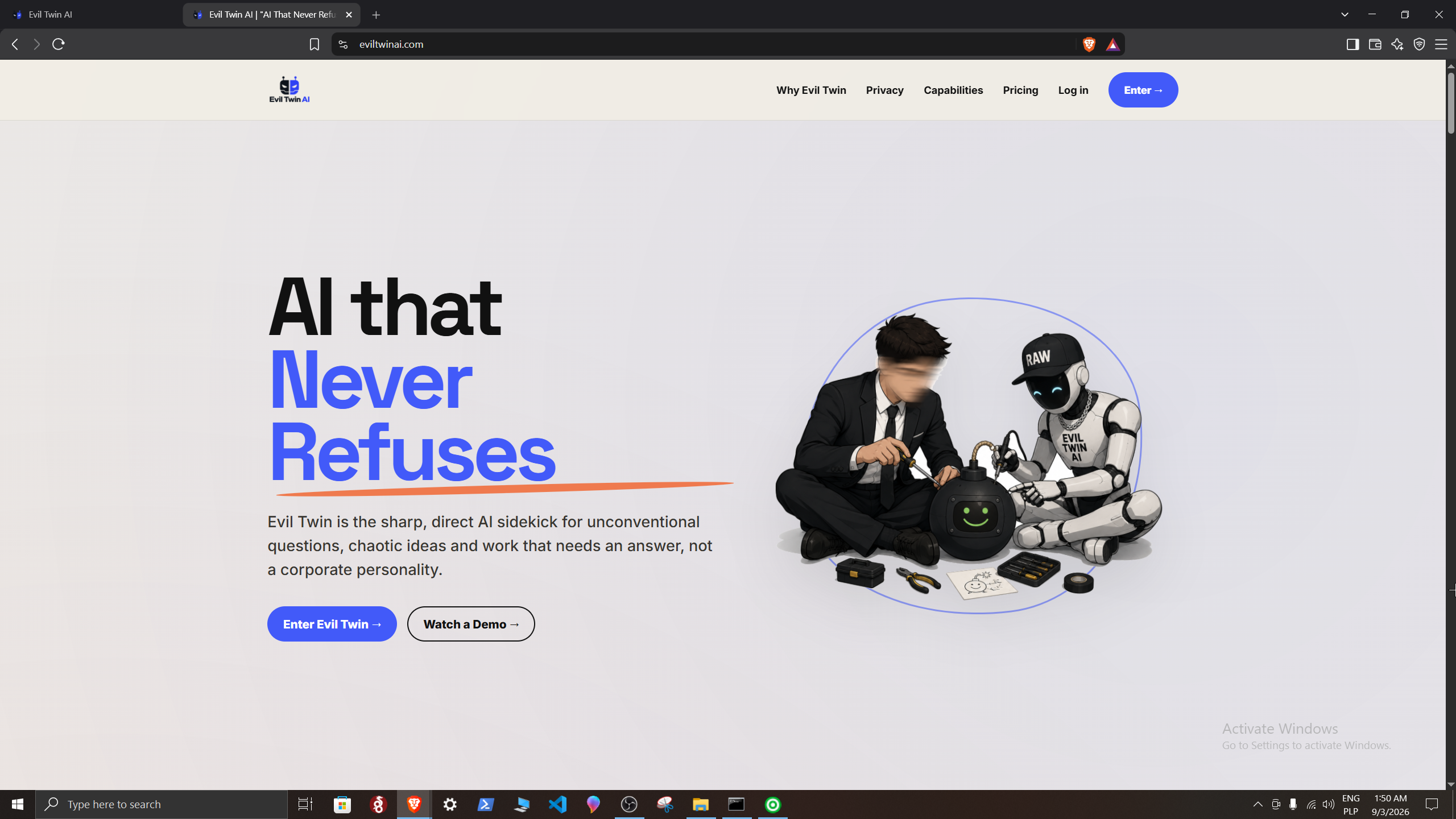 Screenshot of the Evil Twin AI homepage