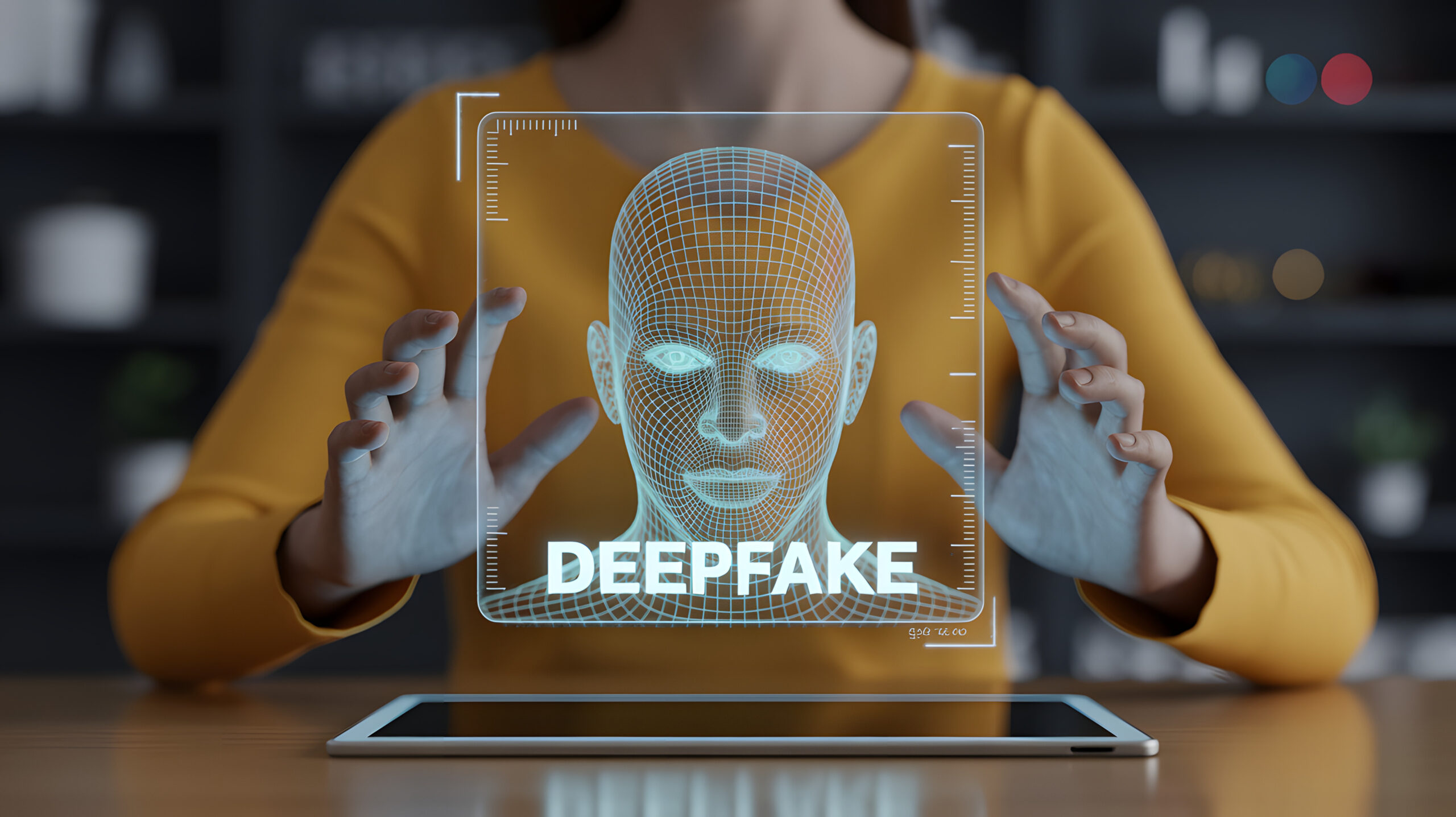 A digital face displayed on a screen during a demonstration of synthetic media technology.